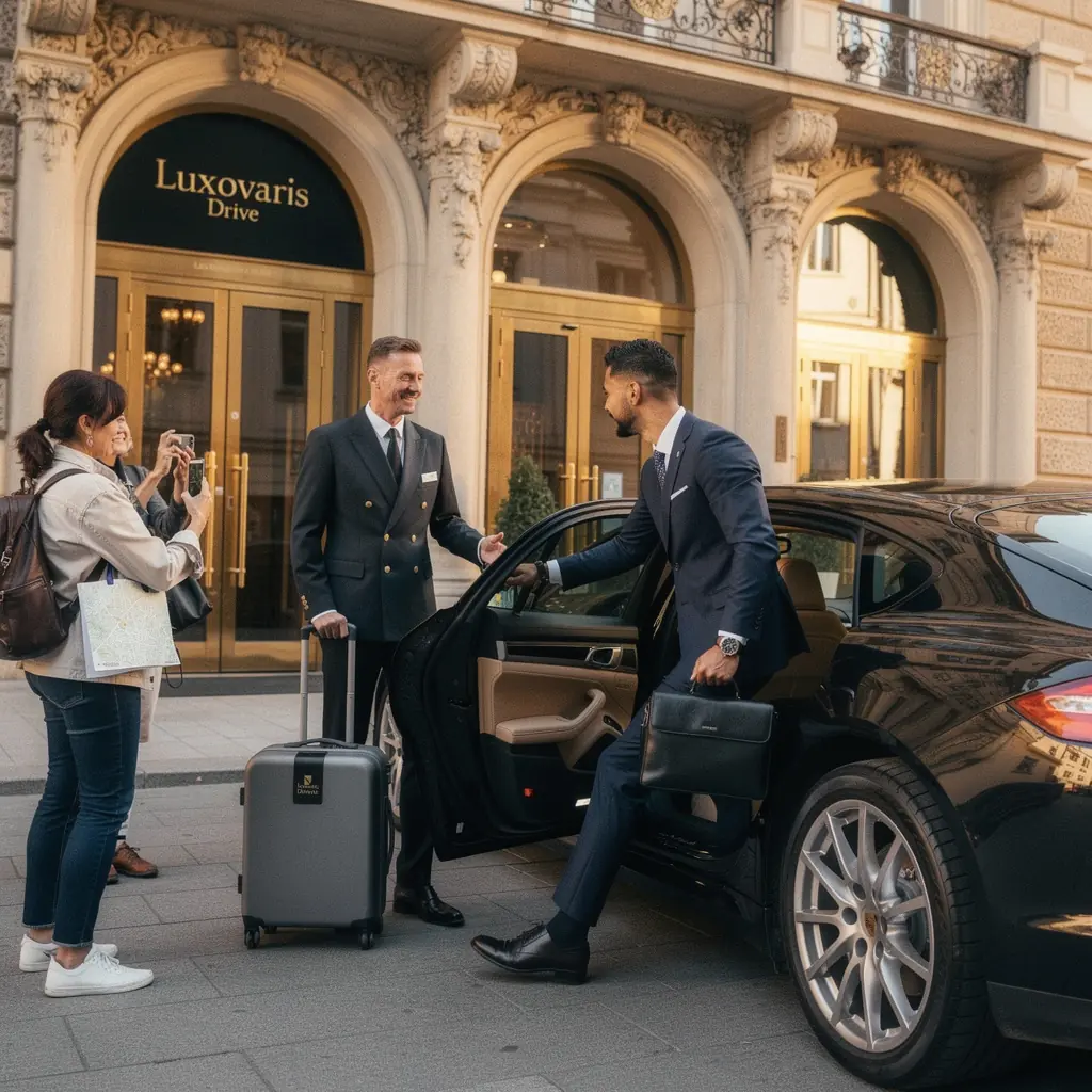Autobusová stanice s logem prémiové autopůjčovny v pozadí.
