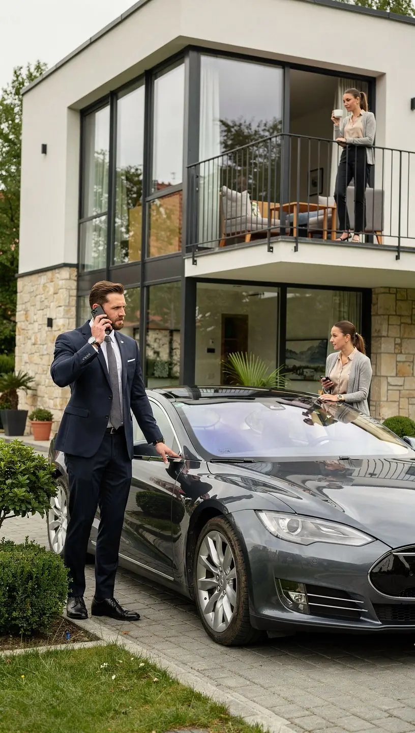 Manažer v obleku vystupující z luxusního vozu na firemní akci.